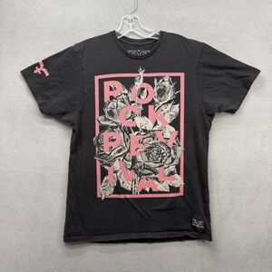 Rock Revival Mens Graphic T-Shirt Black Pink Rose Floral Logo Tee Size M USA